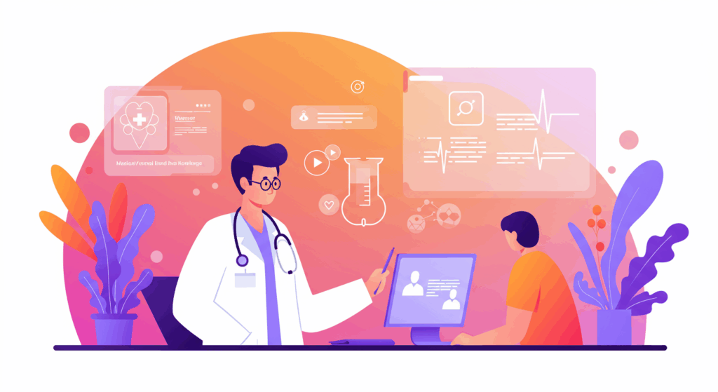 Professional medical illustration showing a doctor bridging medical knowledge with patient understanding, vibrant colors, digital interface, educational and trustworthy atmosphere