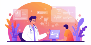 Professional medical illustration showing a doctor bridging medical knowledge with patient understanding, vibrant colors, digital interface, educational and trustworthy atmosphere