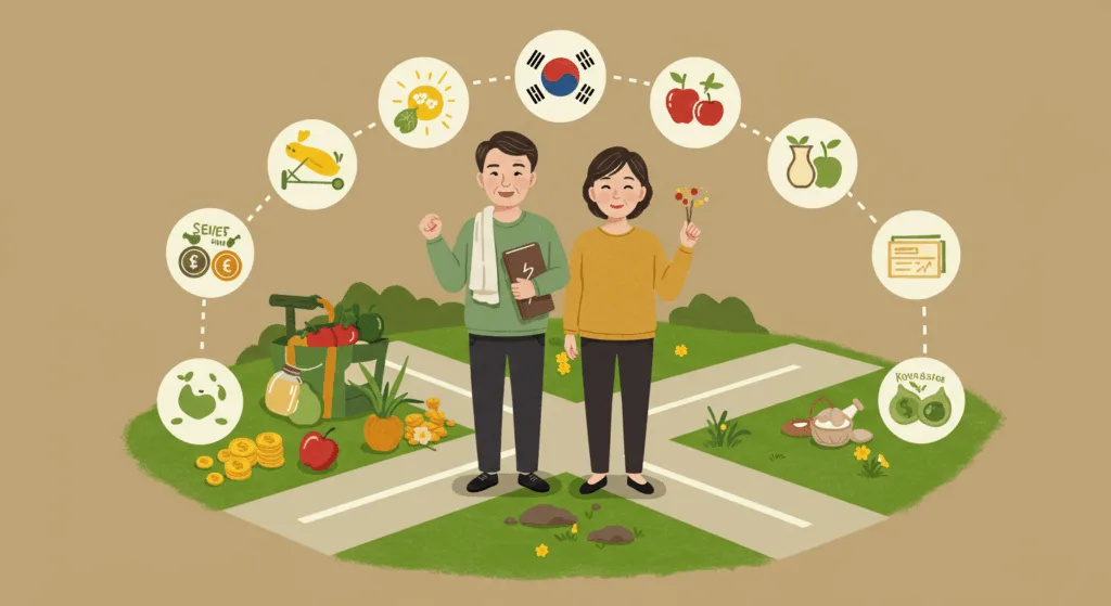 A vibrant illustration of a healthy Korean middle-aged couple standing confidently at a crossroads, surrounded by symbolic icons of sleep, nutrition, exercise, stress relief, and financial planning. Bright, high-contrast colors highlighting vitality and optimism.