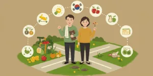 A vibrant illustration of a healthy Korean middle-aged couple standing confidently at a crossroads, surrounded by symbolic icons of sleep, nutrition, exercise, stress relief, and financial planning. Bright, high-contrast colors highlighting vitality and optimism.