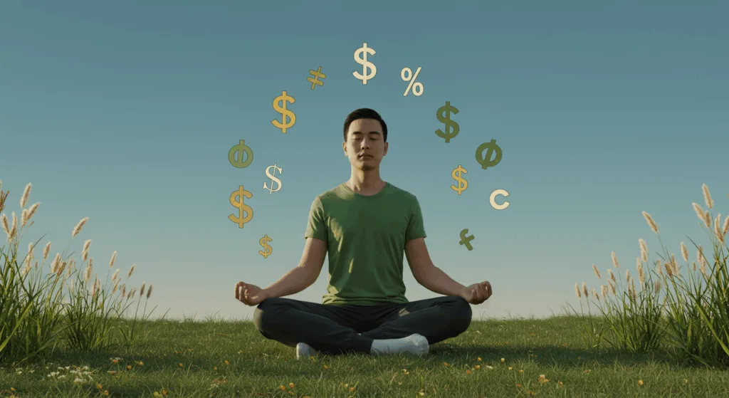 A serene Korean person meditating peacefully with floating stress symbols dissolving around them, soft blue background, minimalist design, high contrast, digital art style