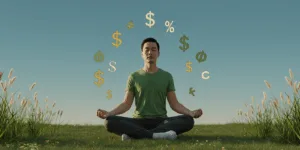 A serene Korean person meditating peacefully with floating stress symbols dissolving around them, soft blue background, minimalist design, high contrast, digital art style