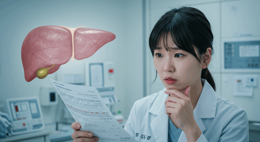 A Korean American person looking concerned at medical test results, with a subtle liver silhouette in the background, professional clinical setting, soft medical lighting