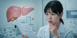 A Korean American person looking concerned at medical test results, with a subtle liver silhouette in the background, professional clinical setting, soft medical lighting