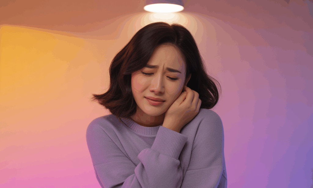 close-up of young Korean woman with pained expression clutching her abdomen, emotional portrait with soft lighting and desaturated colors