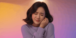 close-up of young Korean woman with pained expression clutching her abdomen, emotional portrait with soft lighting and desaturated colors