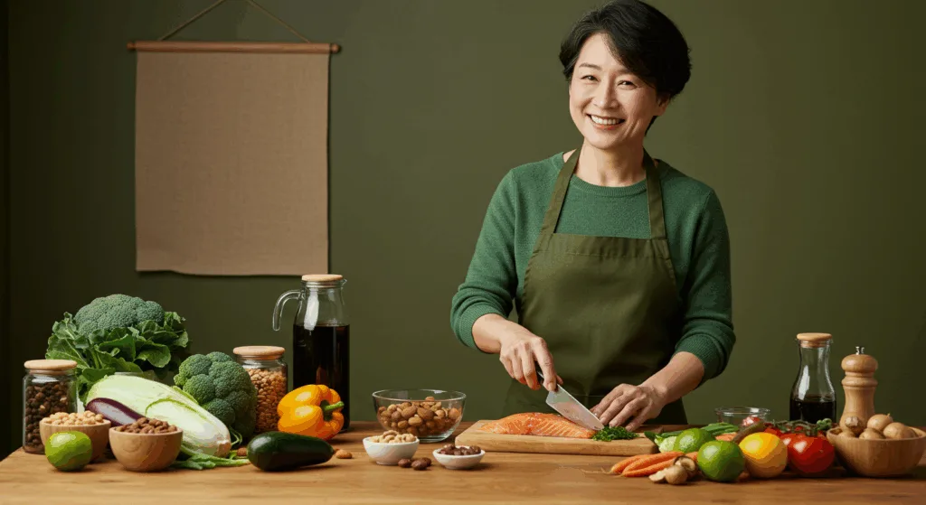 Korean middle-aged person smiling while preparing colorful healthy meal with fresh vegetables, fish, and nuts on wooden table, bright natural lighting, warm atmosphere, inspiring healthy lifestyle