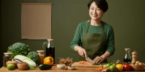 Korean middle-aged person smiling while preparing colorful healthy meal with fresh vegetables, fish, and nuts on wooden table, bright natural lighting, warm atmosphere, inspiring healthy lifestyle
