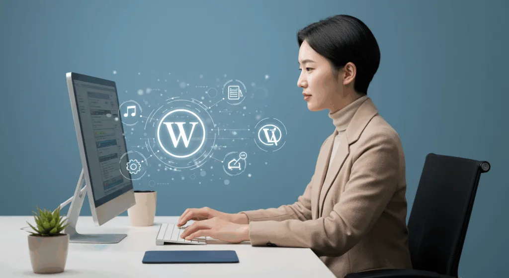 Floating server and WordPress icons surrounding a professional Korean IT expert, minimalist design with blue gradient background, digital technology concept illustration