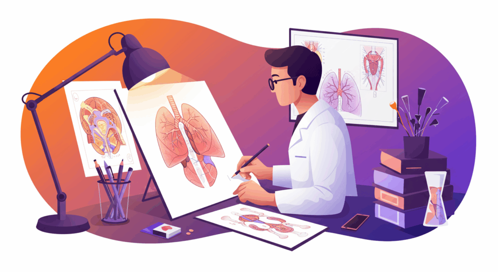 A professional medical illustrator working on detailed anatomical drawings, surrounded by reference materials and digital tools, showing the blend of science and art in medical communication, warm lighting, focused atmosphere