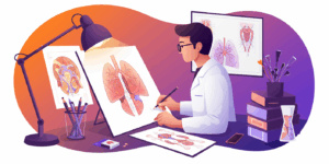 A professional medical illustrator working on detailed anatomical drawings, surrounded by reference materials and digital tools, showing the blend of science and art in medical communication, warm lighting, focused atmosphere