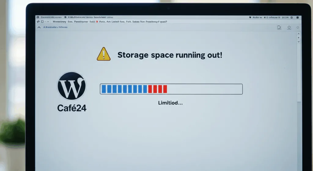 Storage space running out warning on a computer screen with WordPress and Cafe24 logos, showing limitation visualization with red warning indicators
