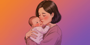 A Korean mother gently holding her newborn, her face showing a mix of exhaustion and deep love, soft pastel background with rosy cheeks, emotional portrait with minimalist composition