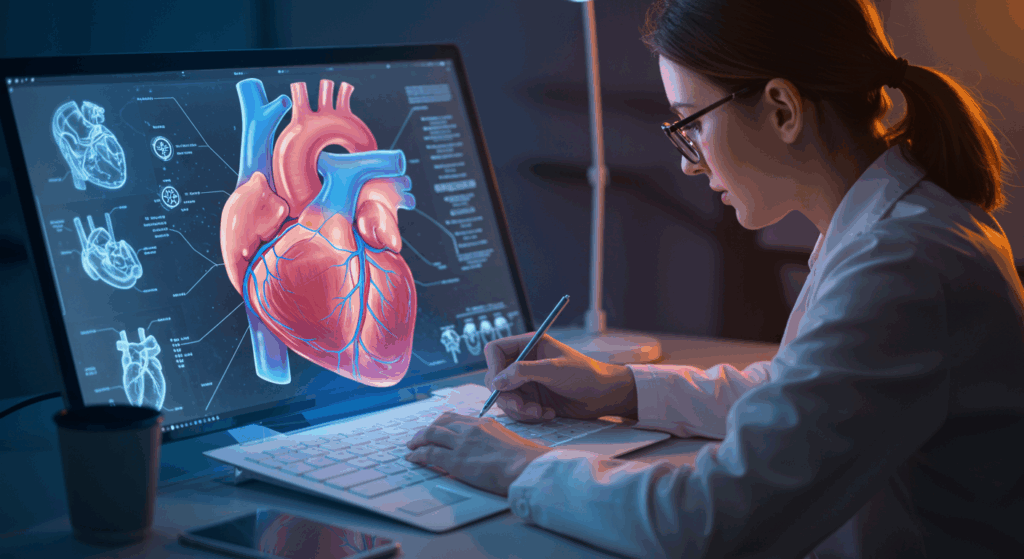 Professional medical illustrator creating detailed anatomical drawing of human heart, digital workspace with medical references, glowing blue light, highly detailed and precise illustration style