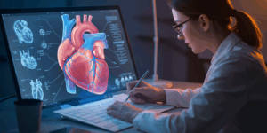 Professional medical illustrator creating detailed anatomical drawing of human heart, digital workspace with medical references, glowing blue light, highly detailed and precise illustration style