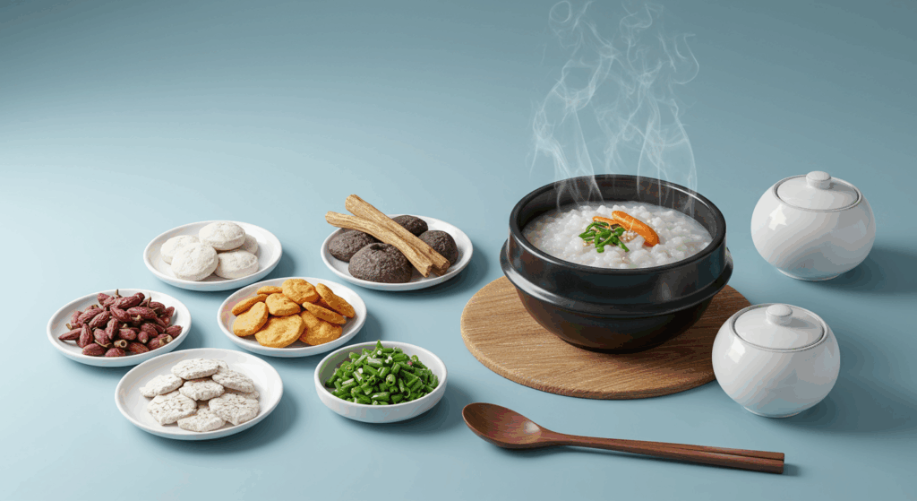 Traditional Korean medicinal ingredients around a steaming bowl of rice porridge, with visual representation of energy flowing through the body, soft lighting