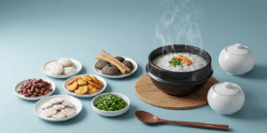 Traditional Korean medicinal ingredients around a steaming bowl of rice porridge, with visual representation of energy flowing through the body, soft lighting