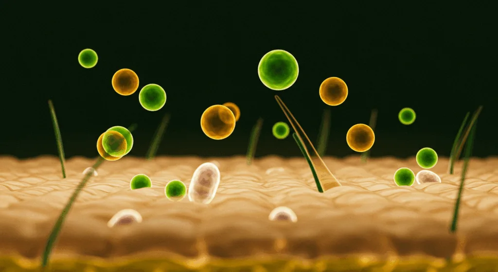 Close-up of glowing skin cells and vitamin molecules in vibrant colors against a dark background, scientific visualization, detailed cellular structure with energy flow