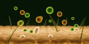 Close-up of glowing skin cells and vitamin molecules in vibrant colors against a dark background, scientific visualization, detailed cellular structure with energy flow