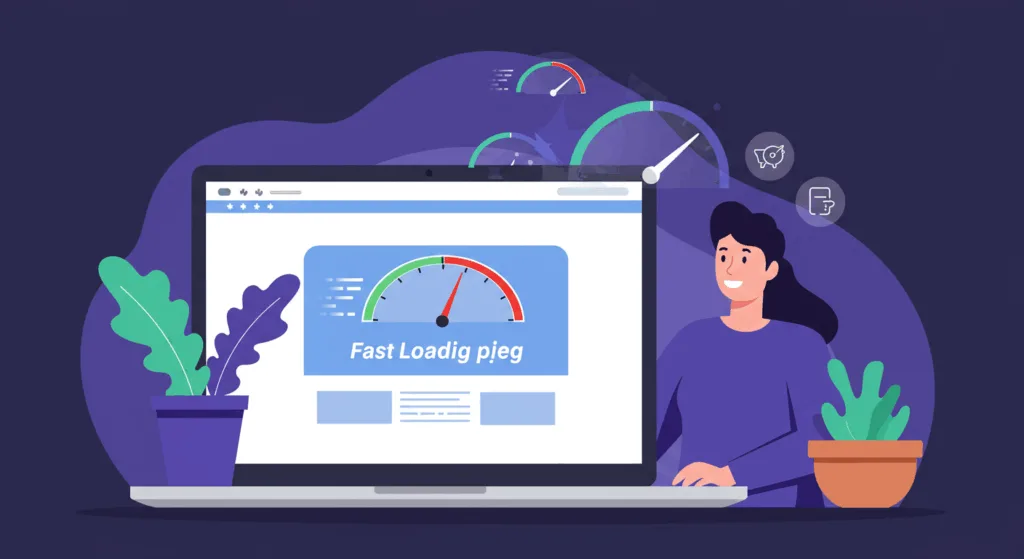 Vibrant illustration of a laptop screen displaying a fast-loading WordPress website with speedometer icons showing increased speed, Korean person looking satisfied in background, high-contrast blue and green color scheme, minimalist style