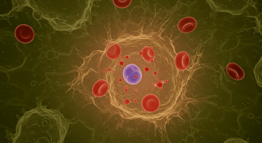 Microscopic view of human cells showing inflammation and oxidative stress, medical illustration with red blood cells and ferritin molecules, detailed scientific visualization