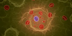 Microscopic view of human cells showing inflammation and oxidative stress, medical illustration with red blood cells and ferritin molecules, detailed scientific visualization