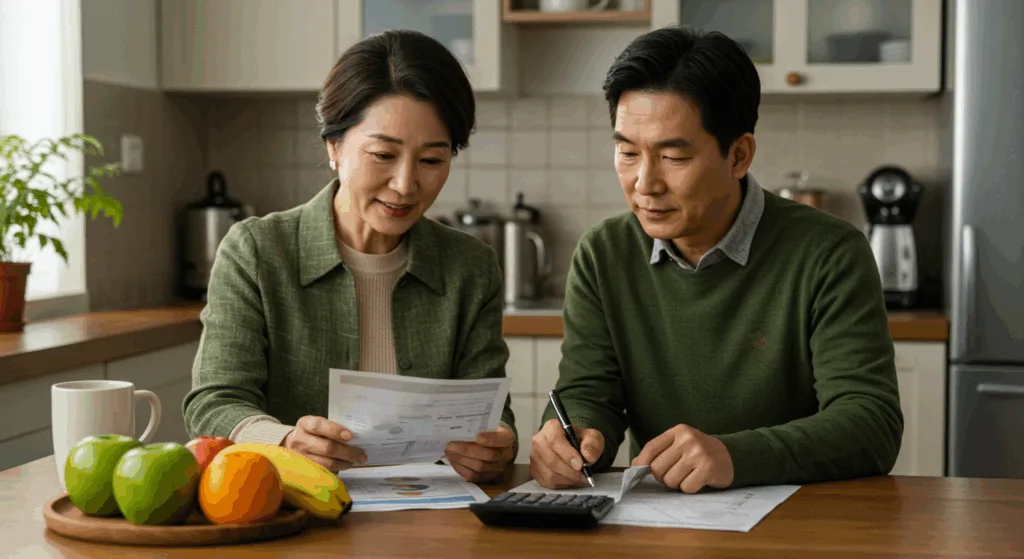 A Korean middle-aged couple sitting at kitchen table reviewing financial documents and health records, with calculator and fruits nearby, warm lighting, intimate atmosphere