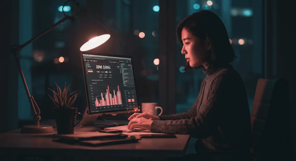 Korean blogger analyzing website analytics dashboard showing RPM statistics, focused expression, glowing screen, modern office setting, high-contrast lighting