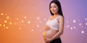Korean pregnant woman gazing forward with a gentle smile, hands cradling her belly, surrounded by softly glowing flowers and tiny hearts, minimalist background with soft focus, emotional and tender moment