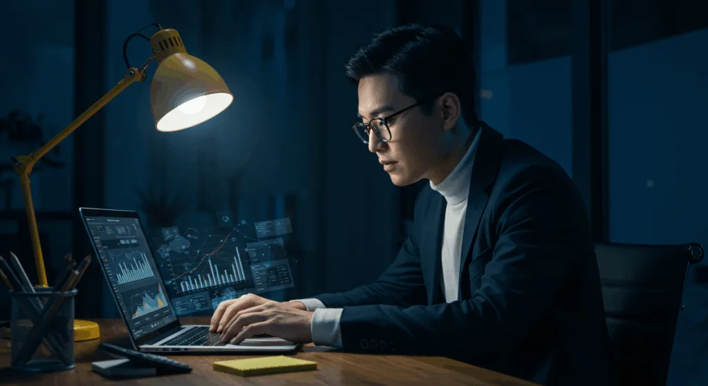 A Korean digital marketing expert analyzing dynamic graphs on laptop screen in a modern workspace with deep blue tones, intense focus and determination on their face, clear gaze, minimalist composition with high contrast