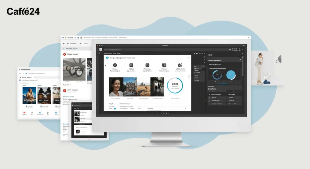 WordPress dashboard with plugins and themes being installed, clean modern interface with Cafe24 branding, showing optimization features and SEO tools