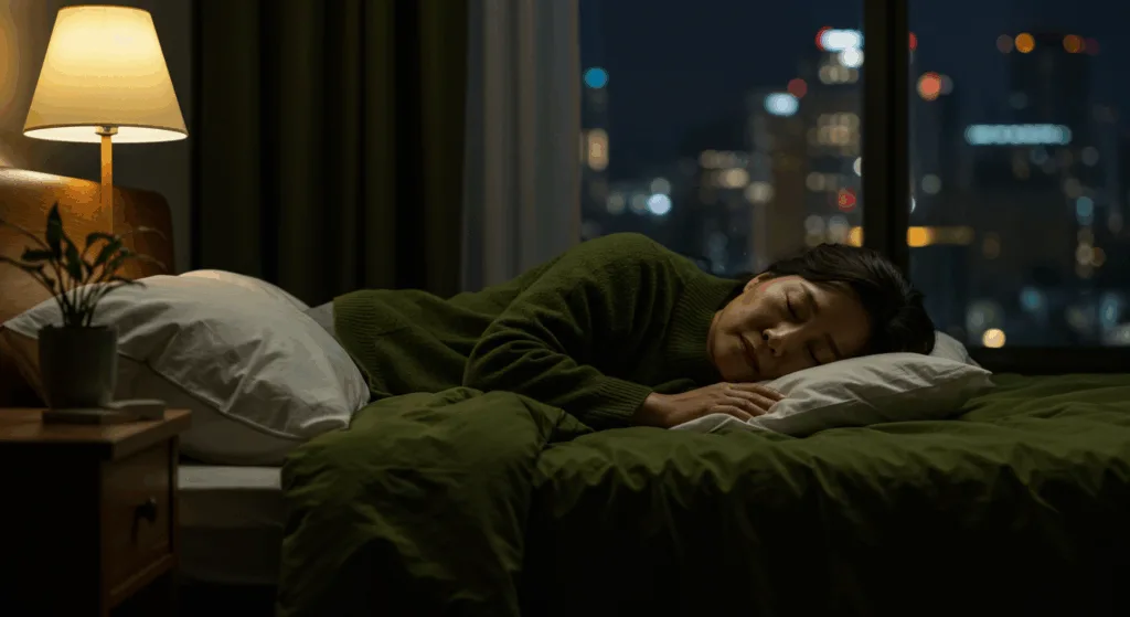 Korean middle-aged person peacefully sleeping in a dark bedroom with soft ambient lighting, city lights visible through window, serene expression on face