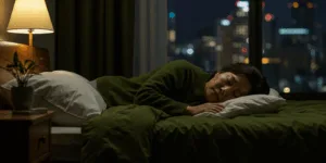 Korean middle-aged person peacefully sleeping in a dark bedroom with soft ambient lighting, city lights visible through window, serene expression on face