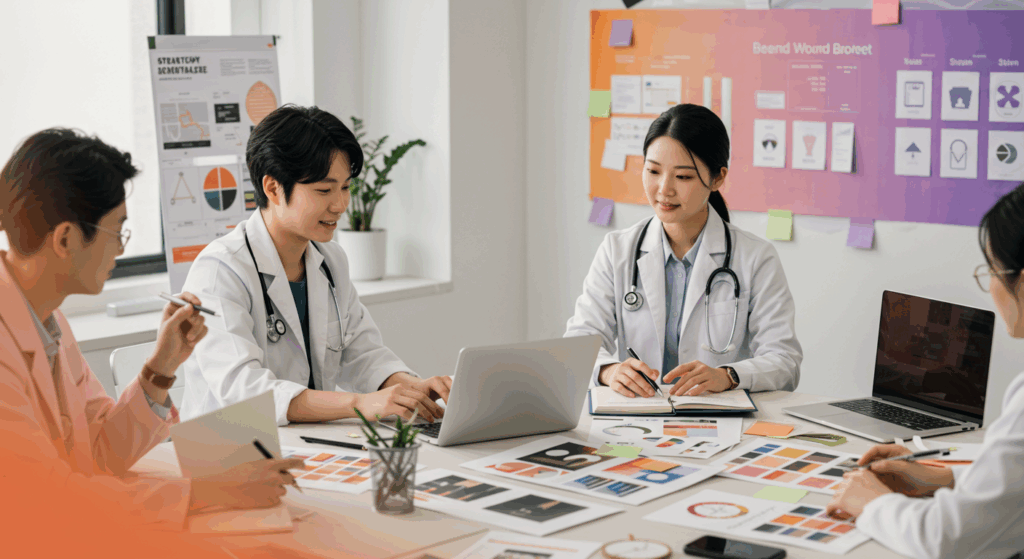 Strategic healthcare branding session with Korean medical professionals collaborating around a table with brand elements, mood boards, and strategy documents, bright professional environment, creative medical atmosphere
