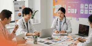 Strategic healthcare branding session with Korean medical professionals collaborating around a table with brand elements, mood boards, and strategy documents, bright professional environment, creative medical atmosphere