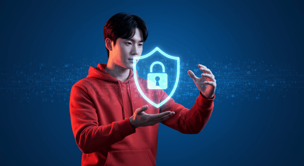 A Korean person holding a digital shield with a lock symbol, protecting against streams of data and cyber threats, minimalist composition with blue digital background, professional lighting, modern aesthetic