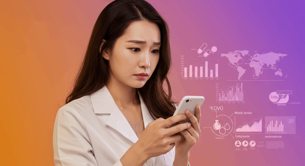 Concerned Korean woman in her 30s looking at health statistics on her phone, soft warm lighting, shallow depth of field, medical infographics in background