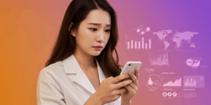 Concerned Korean woman in her 30s looking at health statistics on her phone, soft warm lighting, shallow depth of field, medical infographics in background