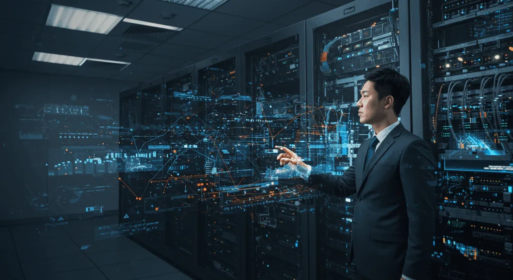 Korean IT professional managing a glowing server rack, with digital data streams and network lines floating in background, dramatic lighting with blue and orange contrast, minimalist futuristic server room, emotionally engaging perspective