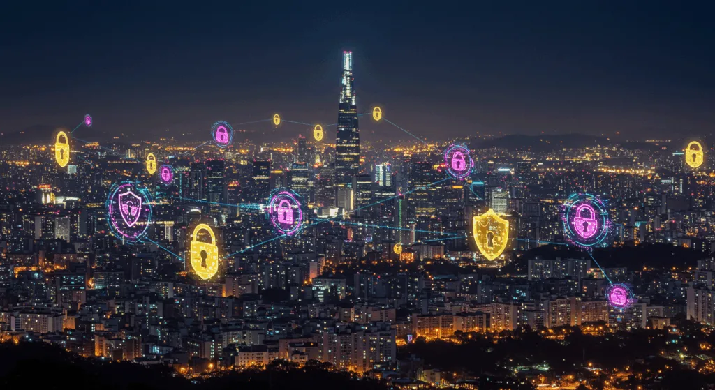 Seoul skyline at night with digital security symbols - shield, lock and data streams flowing above the city, cybersecurity concept art with bright neon colors