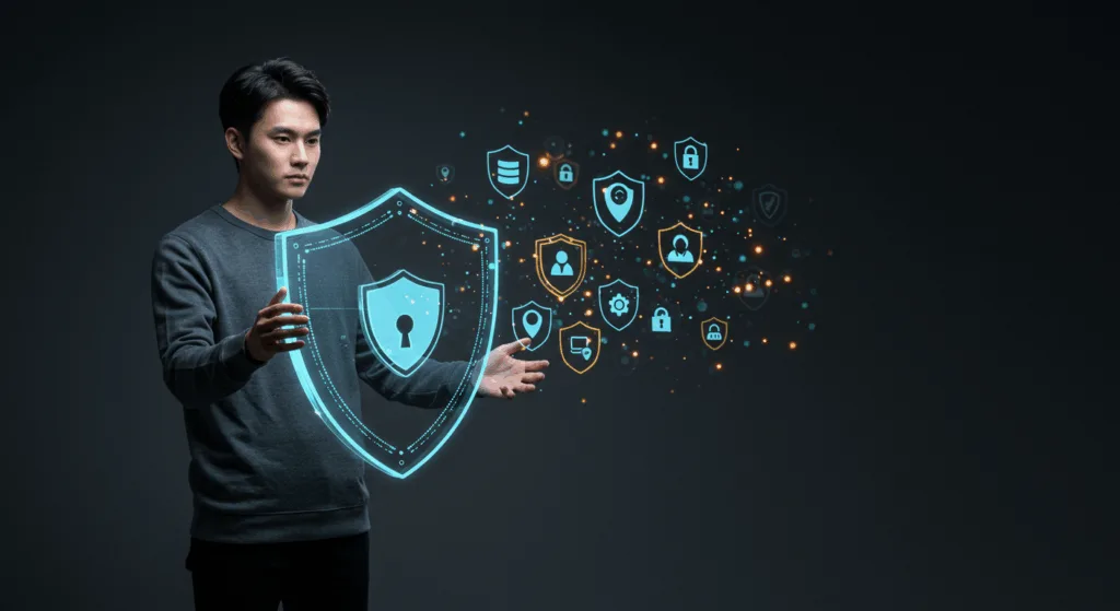 Korean person holding a large digital shield with data protection symbols, glowing blue and gold icons floating in background, minimalist design, deep gradient, high contrast, cybersecurity concept art