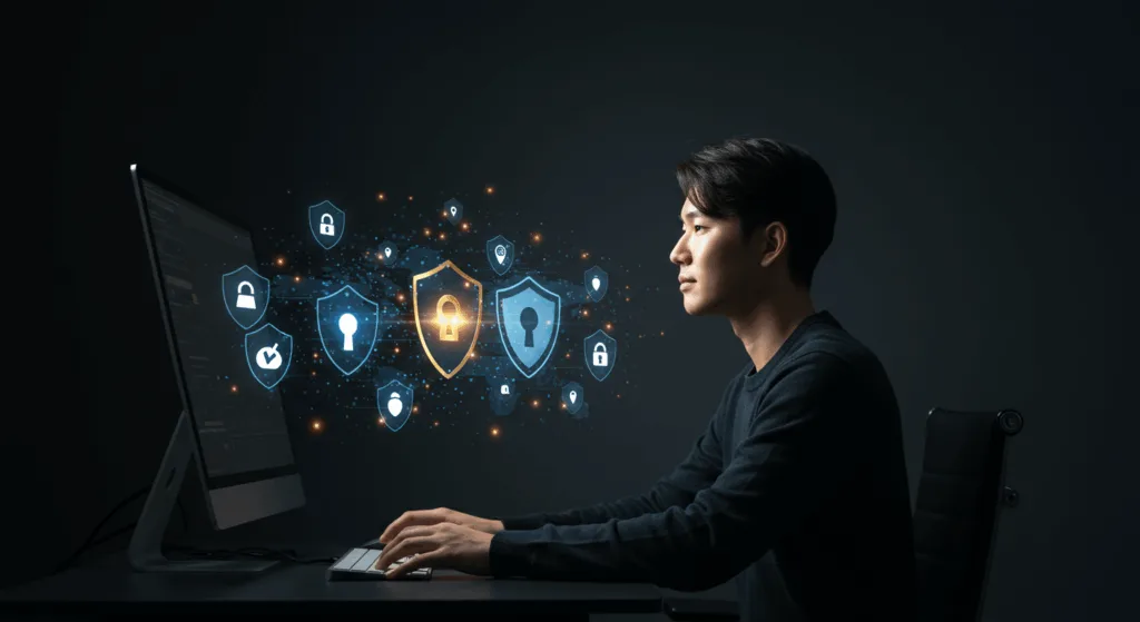 Korean person looking confident at a secure computer system with floating protection icons, digital privacy visualization in blue and gold, safe data concept with warm human element