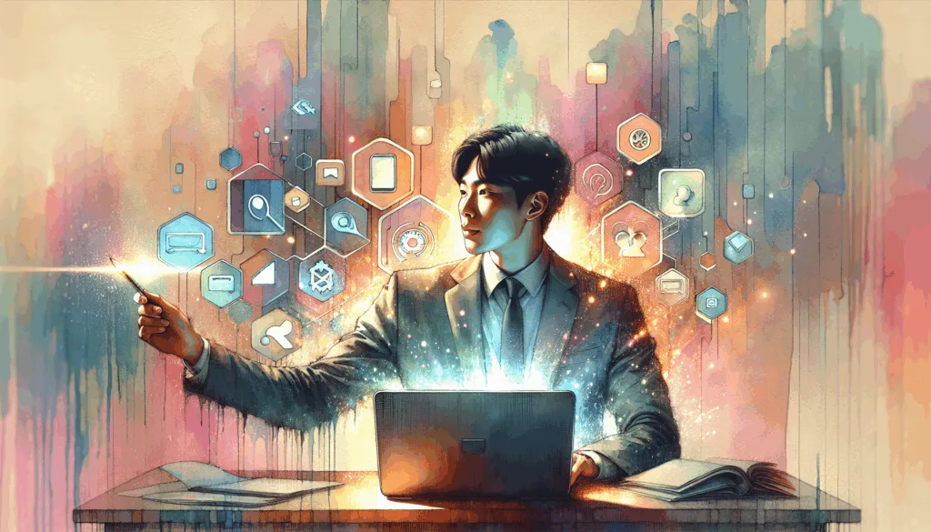 A vibrant, high-contrast illustration of a glowing laptop on a desk, surrounded by floating icons symbolizing website management and security. In the background, a Korean person is focused on the screen, with a sense of determination and confidence. The overall mood is energetic and secure, emphasizing clarity and control in digital management.