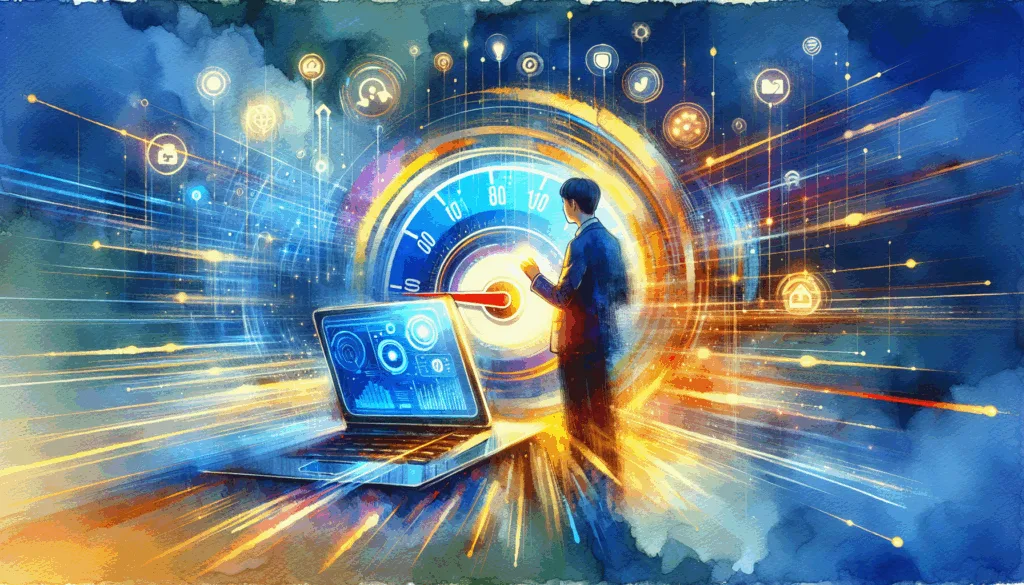 A vibrant, high-contrast illustration of a Korean person confidently pressing a glowing speedometer button on a laptop, surrounded by floating image icons and digital data streams. The background features a minimalist, deep blue gradient with sharp golden highlights, symbolizing speed and efficiency. The composition is energetic and visually striking, emphasizing determination and technological progress.