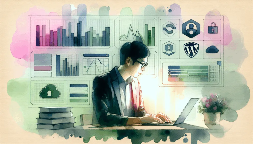 A vibrant, high-contrast illustration of a Korean person sitting at a desk, focused on a glowing laptop screen displaying colorful server monitoring graphs. The background features floating icons symbolizing data, security, and WordPress, with a minimalist composition and strong visual impact. Emotion: concentration and confidence.