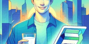 A Korean individual, radiating confidence, stands before a vibrant cityscape backdrop. A gradient of blue and green, representing health and nature, frames the scene. They hold a glass of milk and a tablet, showcasing a vitamin D label. High contrast colors highlight the importance of calcium and vitamin D for strong bones, emphasizing a positive emotional connection to health choices.