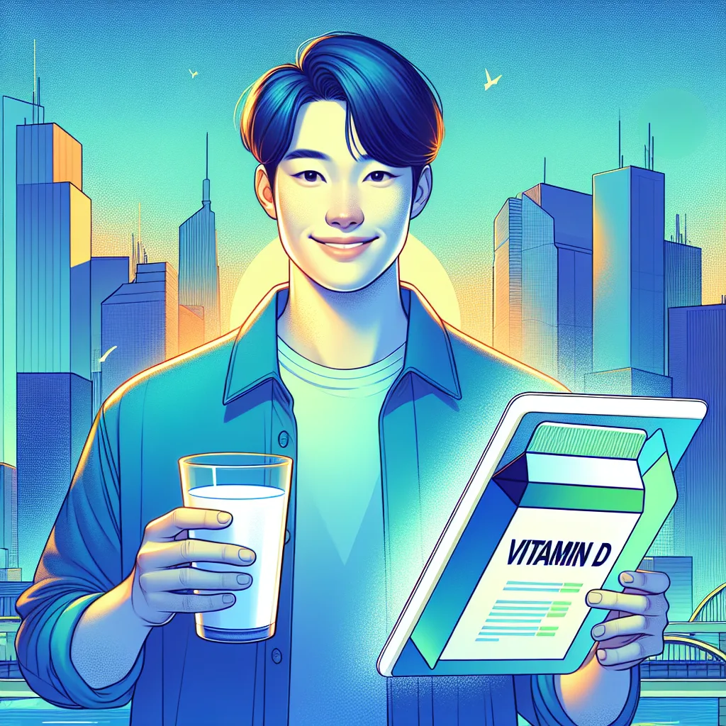 A Korean individual, radiating confidence, stands before a vibrant cityscape backdrop. A gradient of blue and green, representing health and nature, frames the scene. They hold a glass of milk and a tablet, showcasing a vitamin D label. High contrast colors highlight the importance of calcium and vitamin D for strong bones, emphasizing a positive emotional connection to health choices.