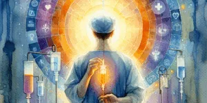 A Korean person in a hospital gown, bathed in a halo of luminous, protective light, receives a vibrant orange IV drip. The injection glows with inner warmth, symbolizing healing. Deep blue background hints at hope and healing, subtly featuring medical icons. Minimalist, high contrast, emotionally uplifting image.