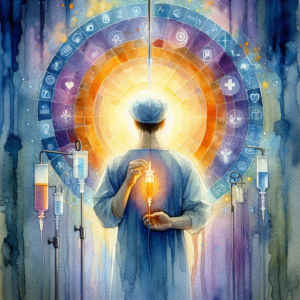 A Korean person in a hospital gown, bathed in a halo of luminous, protective light, receives a vibrant orange IV drip. The injection glows with inner warmth, symbolizing healing. Deep blue background hints at hope and healing, subtly featuring medical icons. Minimalist, high contrast, emotionally uplifting image.