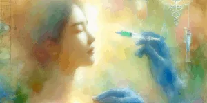 A vibrant Korean individual, bathed in radiant energy, receives a glowing vitamin C injection. Surrounded by subtle medical symbols and a gradient of vibrant orange and deep blue, the image embodies health and vitality. Minimalist design, high contrast, and emotional upliftment create a striking visual.